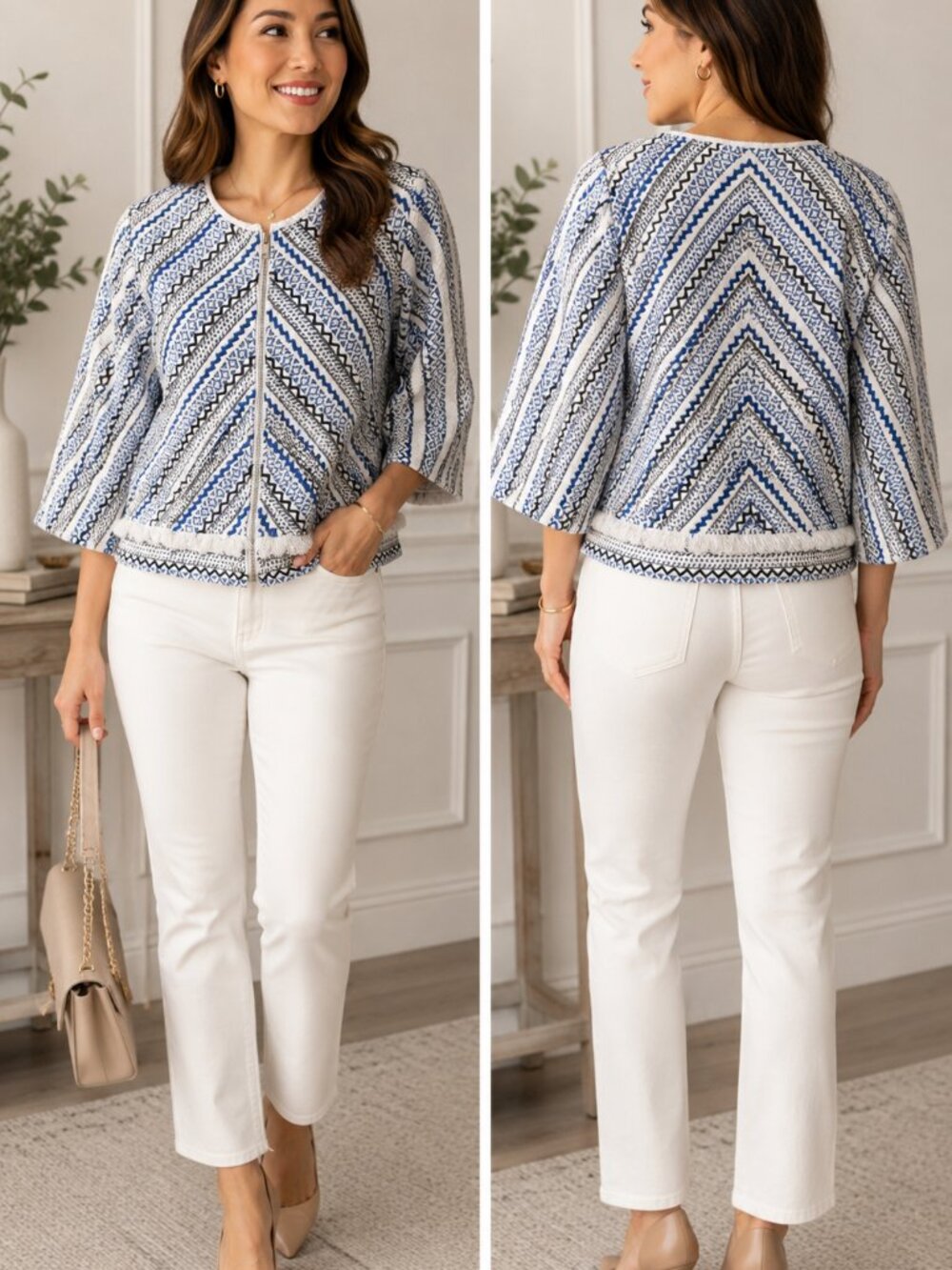 GUESS Los Angeles Quilted Zip Front Cropped Jacket Blue White Medium M